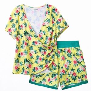 Lands' End Board Shorts Size 16 and Wrap Shirt Size XL Yellow Pink Floral